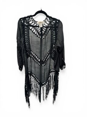 Boho Urban Mangoz Crochet Fringe Duster Kimono Black Festival Western Sz XL